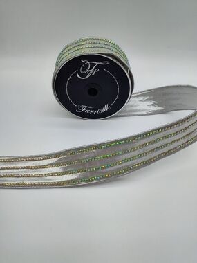 FARRISILK Iridescent Crystal Stripe Silver Wired Ribbon 1.75" 5 Yards NWT